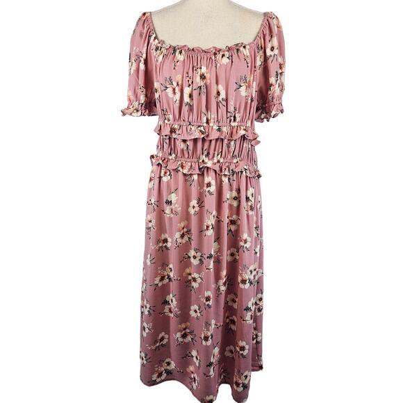 Lily Rose Pink Floral Square Neck Short Sleeve Blouson Peasant Midi Dress 1X - Picture 1 of 9